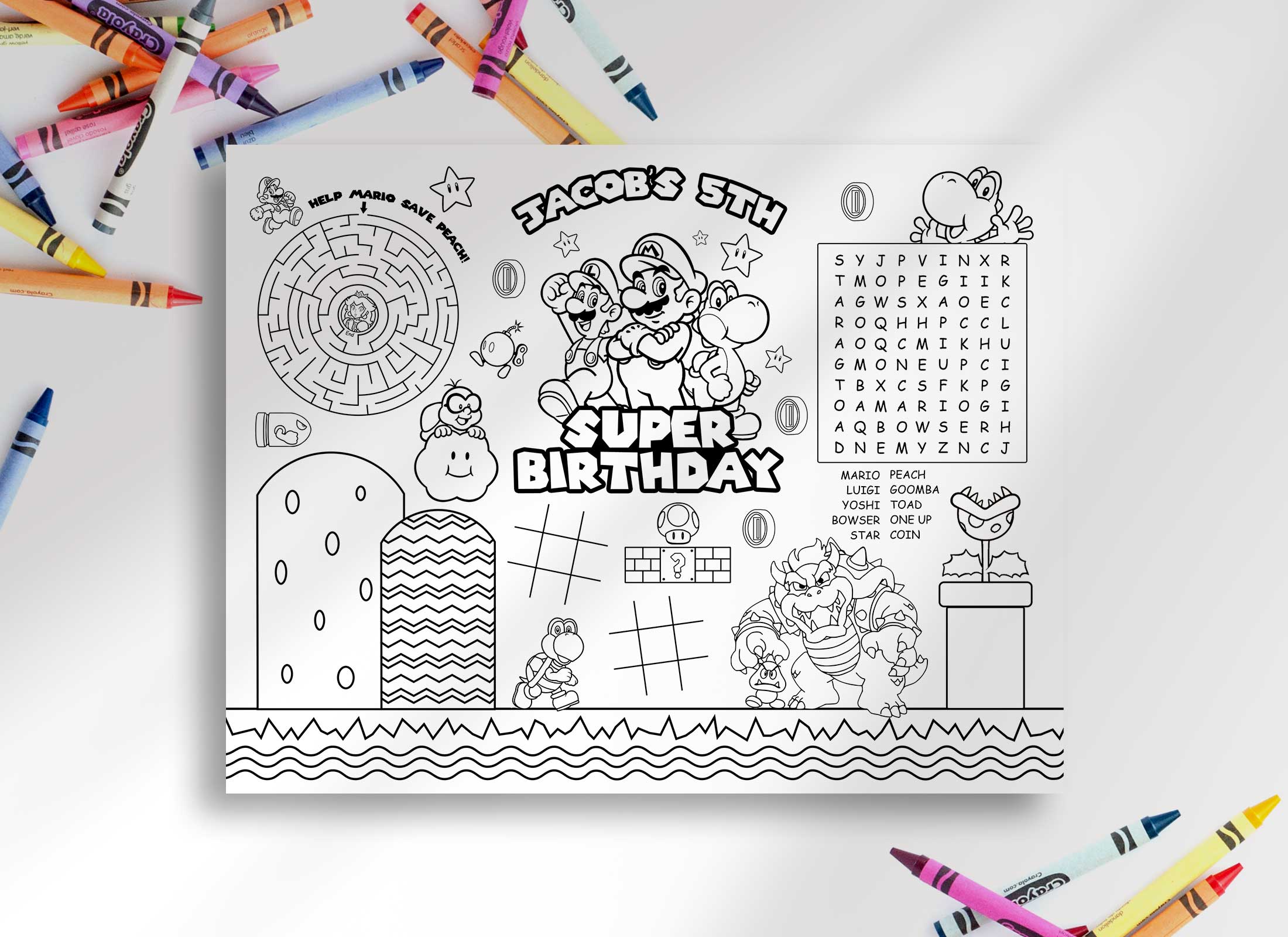 Super Mario Birthday Coloring Placemat Helia Design Co 